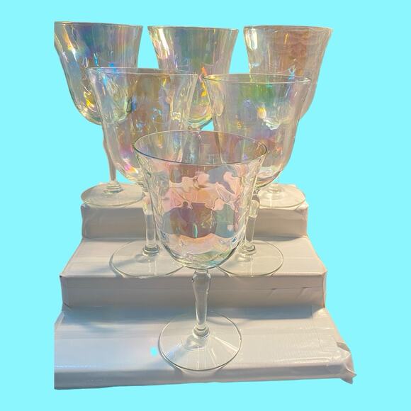 6 Fostoria Crystal Pearl Shell Iridescent Wine Glasses Loop Optics - Picture 7 of 15